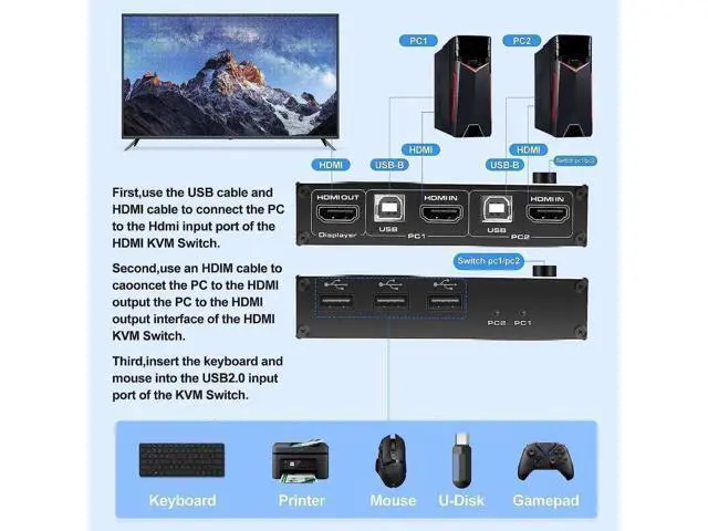 Alt view image 6 of 7 - 2 Port HDMI KVM Switch 2 in 1 Out, 4K @60Hz HDMI USB2.0 KVM Switch for 2 Computers 1 Monitor Share Keyboard Mouse Button Switch, Metal Case, Button & Hotkey Switch, With 2 USB Cables