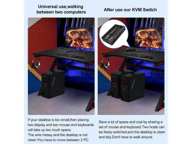 Alt view image 7 of 7 - 2 Port HDMI KVM Switch 2 in 1 Out, 4K @60Hz HDMI USB2.0 KVM Switch for 2 Computers 1 Monitor Share Keyboard Mouse Button Switch, Metal Case, Button & Hotkey Switch, With 2 USB Cables