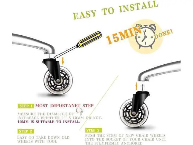 Alt view image 5 of 7 - 3 Inch Office Chair Wheels Set of 5 Premium Rubber Chair Casters (Remedy by Tape if Stem Size Not Fit) Heavy Duty & Silent No More Chair Mat for Hardwood Floors Wheels for IKEA Chairs