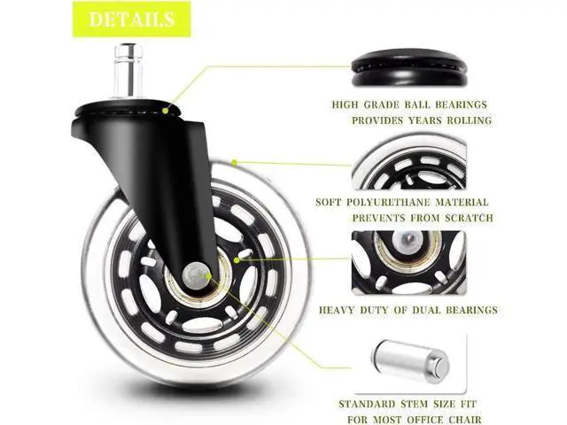 Alt view image 4 of 7 - 3 Inch Office Chair Wheels Set of 5 Premium Rubber Chair Casters (Remedy by Tape if Stem Size Not Fit) Heavy Duty & Silent No More Chair Mat for Hardwood Floors Wheels for IKEA Chairs