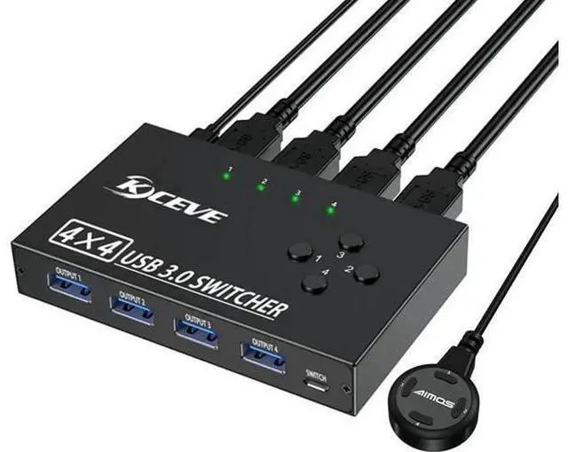 Main image of USB 3.0 Switch Selector 4 Port, 4 in 4 Out USB KVM Switcher 4 Computers Sharing 4 USB Devices, USB Peripheral Switcher for Keyboard Mouse Printer Scanner,with Wired Remote Button and 4 USB 3.0 Cable