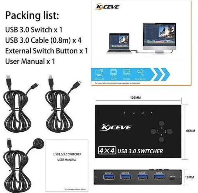 Alt view image 3 of 7 - USB 3.0 Switch Selector 4 Port, 4 in 4 Out USB KVM Switcher 4 Computers Sharing 4 USB Devices, USB Peripheral Switcher for Keyboard Mouse Printer Scanner,with Wired Remote Button and 4 USB 3.0 Cable