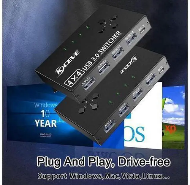 Alt view image 7 of 7 - USB 3.0 Switch Selector 4 Port, 4 in 4 Out USB KVM Switcher 4 Computers Sharing 4 USB Devices, USB Peripheral Switcher for Keyboard Mouse Printer Scanner,with Wired Remote Button and 4 USB 3.0 Cable