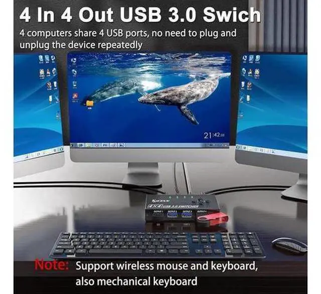 Alt view image 6 of 7 - USB 3.0 Switch Selector 4 Port, 4 in 4 Out USB KVM Switcher 4 Computers Sharing 4 USB Devices, USB Peripheral Switcher for Keyboard Mouse Printer Scanner,with Wired Remote Button and 4 USB 3.0 Cable