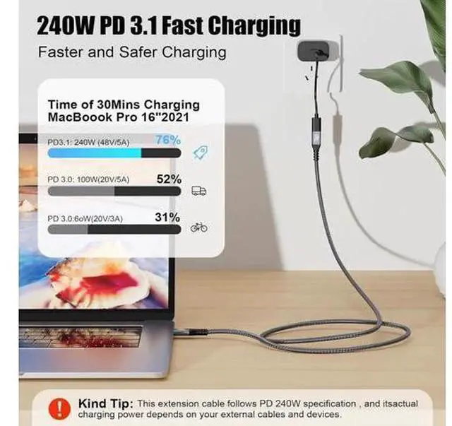 Alt view image 4 of 14 - Aomoproing 20Gbps USB C 3.2 Extension Cable, 10FT USBC 3.2 Gen2 Type-c Male to Female Extender Cable Ultra HD 4K@60Hz 240W Charging 20Gbps Data Transfer Compatible with External SSD eGPU