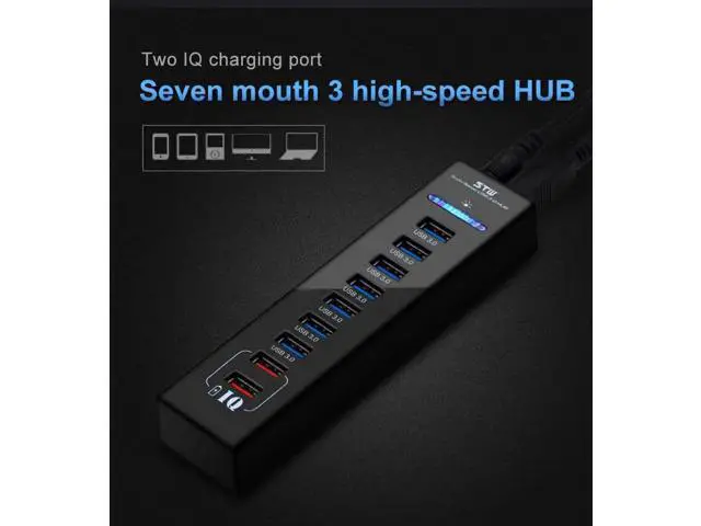 Alt view image 5 of 7 - USB Charging Hub 7 Port USB 3.0 Hub With Power Supply 2 port IQ Charging 2.4A USB3.0