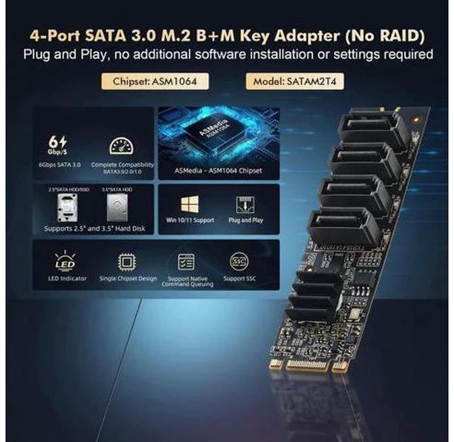 Alt view image 4 of 7 - Aomoproing M.2 to SATA Card 4 Port, 6Gbps SATA 3.0 Controller, Includes 4 SATA Cables, for Windows 10/11