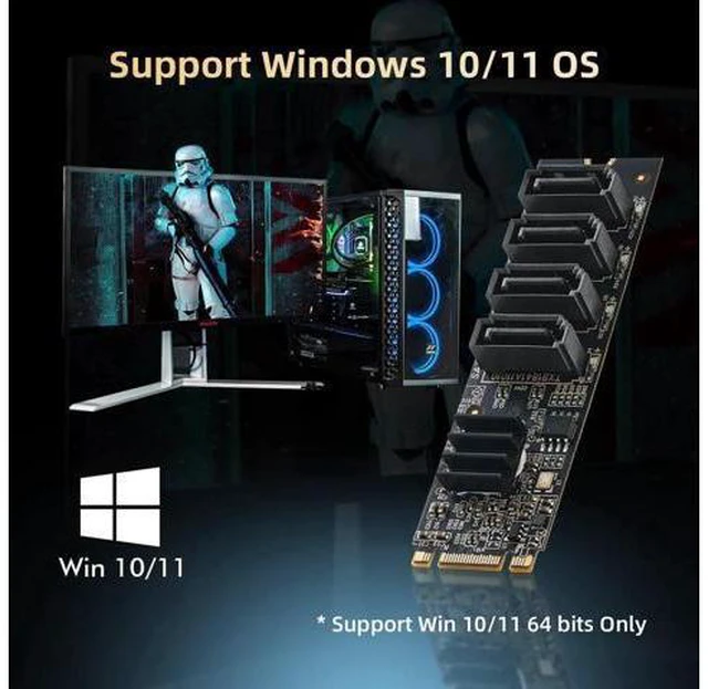 Alt view image 7 of 7 - Aomoproing M.2 to SATA Card 4 Port, 6Gbps SATA 3.0 Controller, Includes 4 SATA Cables, for Windows 10/11