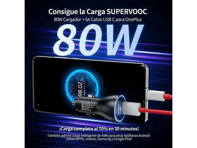 Alt view image 2 of 6 - Car Charger SuperVOOC 80W for OnePlus 12R 12 11 10t 10 Pro, SuperVOOC Warp Charger for OnePlus Open Pad Nord 9 Pro 8 7T 6 6T 5 5T LED Display Dual USB Car Charger Adapter with 3.3FT USB A to C Cable