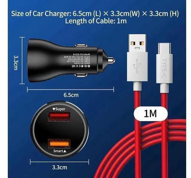 Main image of Car Charger SuperVOOC 80W for OnePlus 12R 12 11 10t 10 Pro, SuperVOOC Warp Charger for OnePlus Open Pad Nord 9 Pro 8 7T 6 6T 5 5T LED Display Dual USB Car Charger Adapter with 3.3FT USB A to C Cable