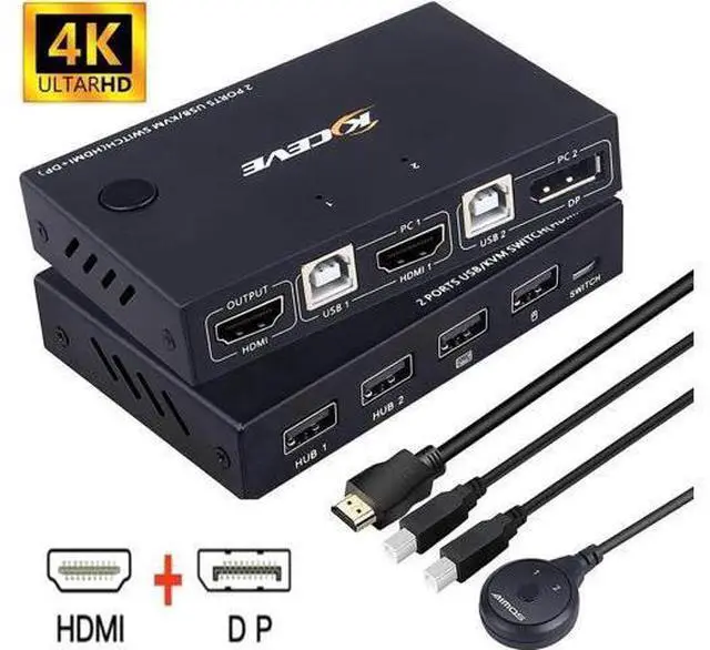 Main image of 2 Port HDMI +DisplayPort KVM Switch for 2 Computers, DP HDMI USB KVM Switch for 2 Computers Share One Set Keyboard Mouse Printer and One Monitor, DP Support for 1920*1200 @30Hz HDMI Support 4K @30Hz