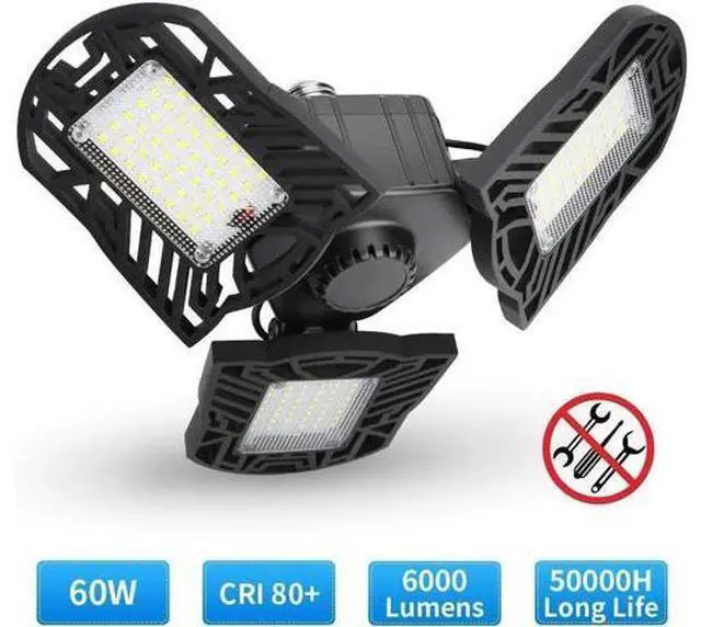 Main image of LED Garage Lights 6000LM Deformable Garage Ceiling Lights 60W E26 / E27 Basement Light Ultra-Bright Trilight Lamp Set with 3 Adjustable Panels 6000K Daylight for Garage Warehouse Workshop