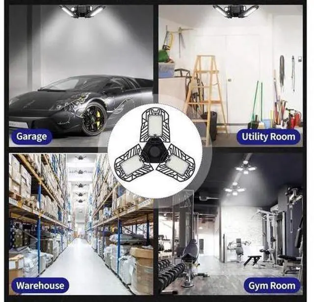 Alt view image 2 of 7 - LED Garage Lights 6000LM Deformable Garage Ceiling Lights 60W E26 / E27 Basement Light Ultra-Bright Trilight Lamp Set with 3 Adjustable Panels 6000K Daylight for Garage Warehouse Workshop