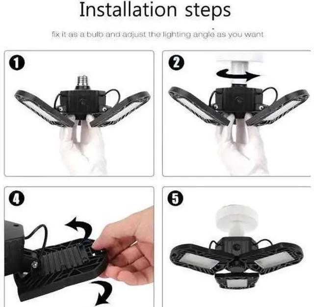 Alt view image 6 of 7 - LED Garage Lights 6000LM Deformable Garage Ceiling Lights 60W E26 / E27 Basement Light Ultra-Bright Trilight Lamp Set with 3 Adjustable Panels 6000K Daylight for Garage Warehouse Workshop