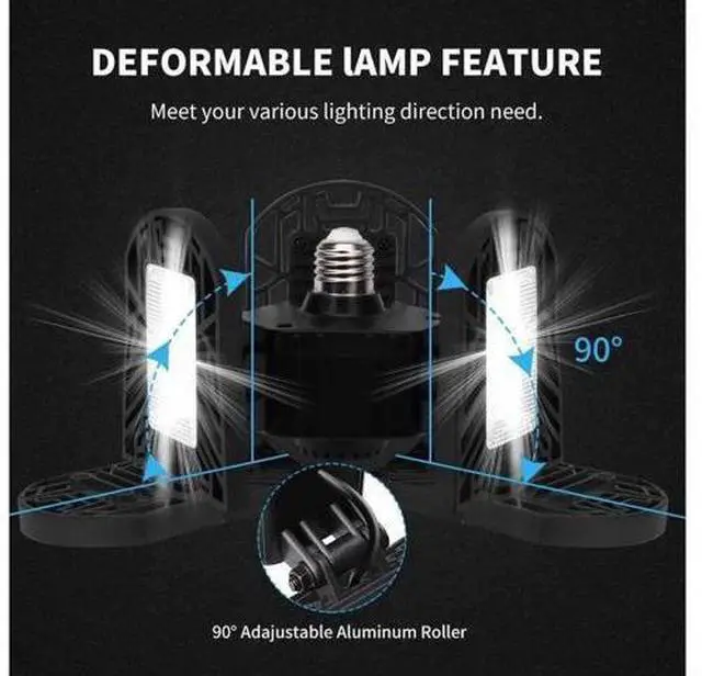 Alt view image 5 of 7 - LED Garage Lights 6000LM Deformable Garage Ceiling Lights 60W E26 / E27 Basement Light Ultra-Bright Trilight Lamp Set with 3 Adjustable Panels 6000K Daylight for Garage Warehouse Workshop