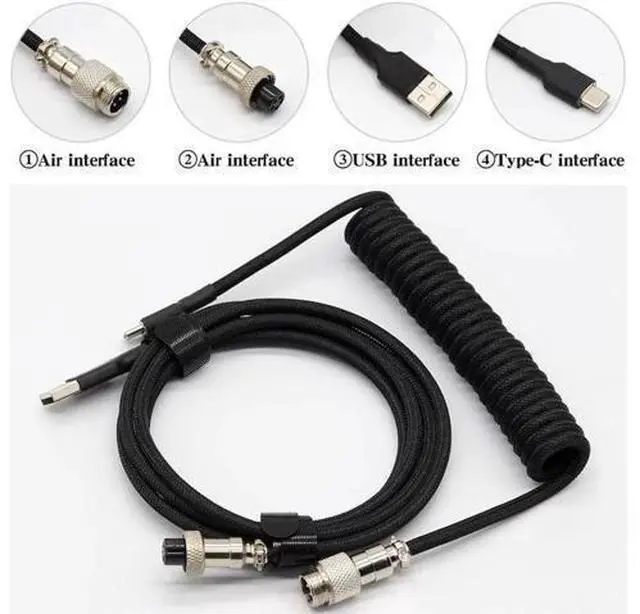 Alt view image 3 of 6 - Aomoproing Customer Coiled Keyboard Cable for Gaming Mechanical Keyboard, Handwork Braided + PET Mesh, Metal Plug, with Detachable Metal Aviator Connector, 3 Meters USB C Aviator Cable (Black)