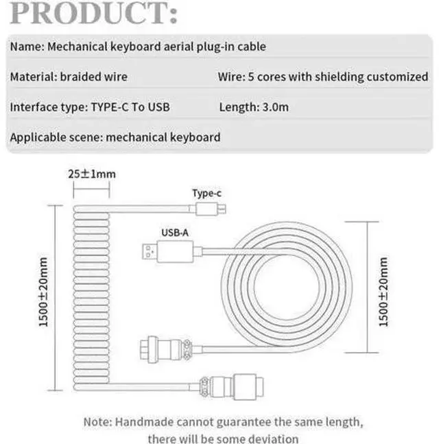 Alt view image 6 of 6 - Aomoproing Customer Coiled Keyboard Cable for Gaming Mechanical Keyboard, Handwork Braided + PET Mesh, Metal Plug, with Detachable Metal Aviator Connector, 3 Meters USB C Aviator Cable (Black)
