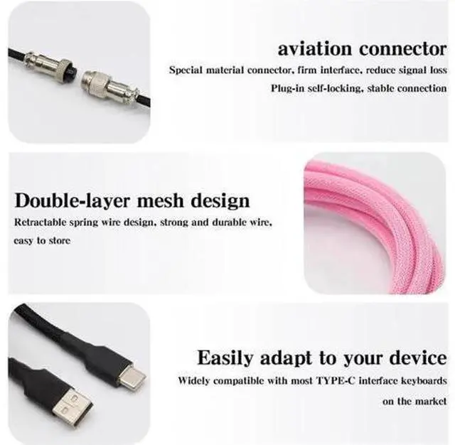 Alt view image 5 of 6 - Aomoproing Customer Coiled Keyboard Cable for Gaming Mechanical Keyboard, Handwork Braided + PET Mesh, Metal Plug, with Detachable Metal Aviator Connector, 3 Meters USB C Aviator Cable (Black)