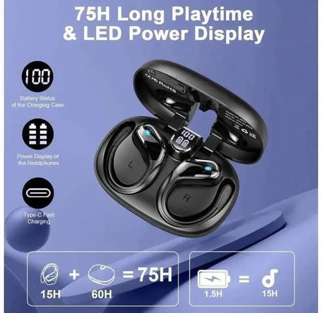 Alt view image 3 of 7 - Wireless Earbuds, Bluetooth 5.4 Headphones Sport, 75H Stereo Wireless Earphones with 4 ENC Noise Canceling Mic, IP7 Waterproof Ear Buds with Earhooks,LED Display Wireless Headphones for Running