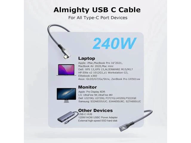 Alt view image 6 of 7 - Aomoproing Long USB C 3.2 Cble Gen-2 240W Charging Extension 3m 10ft 90' Elbow Thunderbolt 3 Male to Female Data Transfer 20Gbps 48V/5A Type-C Video 4K Compatible with MacBook M1/M2/M3