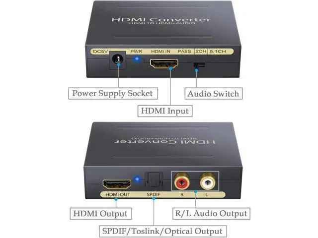 Alt view image 3 of 7 - HDMI Audio Extractor V1.3 HDMI to HDMI + Optical Toslink(SPDIF) + RCA(L/R) Stereo Analog Outputs Video Audio Splitter Converter Support 1080P Black
