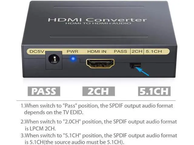 Alt view image 6 of 7 - HDMI Audio Extractor V1.3 HDMI to HDMI + Optical Toslink(SPDIF) + RCA(L/R) Stereo Analog Outputs Video Audio Splitter Converter Support 1080P Black