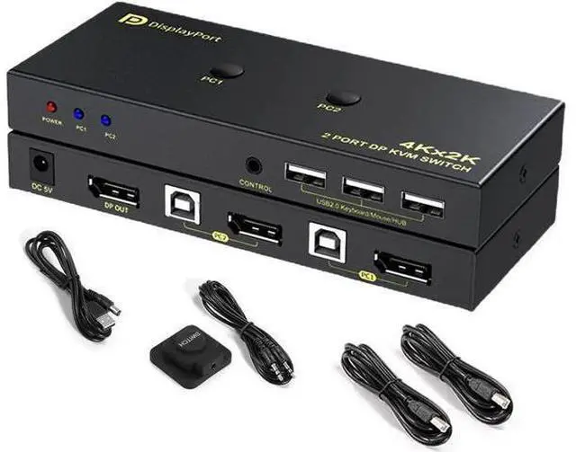 Main image of DisplayPort KVM Switch 2 Port, KVM Switch DisplayPort for 2 Computers Sharing 1 Monitor and 3 USB Devices, Support 4K @60Hz, 2K(2560X1440) @120Hz, with Extended Control Switch and 2 USB Cables