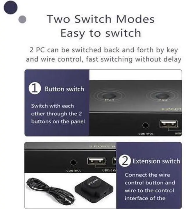 Alt view image 2 of 7 - DisplayPort KVM Switch 2 Port, KVM Switch DisplayPort for 2 Computers Sharing 1 Monitor and 3 USB Devices, Support 4K @60Hz, 2K(2560X1440) @120Hz, with Extended Control Switch and 2 USB Cables