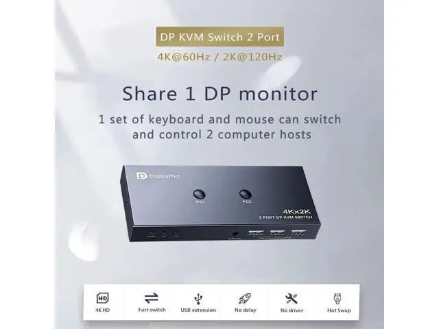 Alt view image 3 of 7 - DisplayPort KVM Switch 2 Port, KVM Switch DisplayPort for 2 Computers Sharing 1 Monitor and 3 USB Devices, Support 4K @60Hz, 2K(2560X1440) @120Hz, with Extended Control Switch and 2 USB Cables
