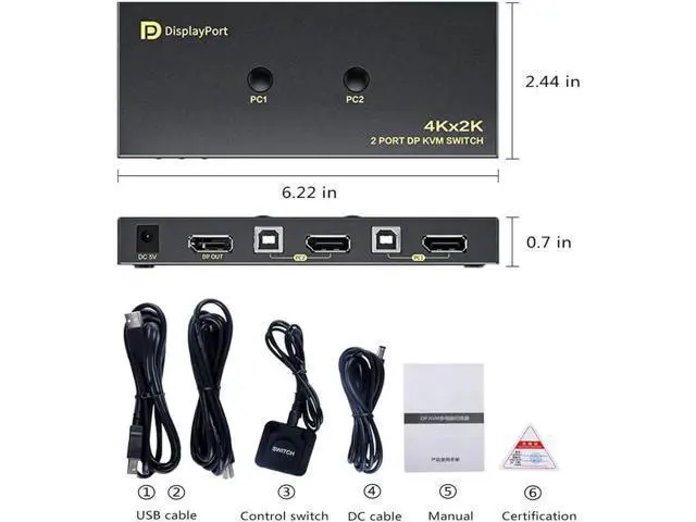 Alt view image 7 of 7 - DisplayPort KVM Switch 2 Port, KVM Switch DisplayPort for 2 Computers Sharing 1 Monitor and 3 USB Devices, Support 4K @60Hz, 2K(2560X1440) @120Hz, with Extended Control Switch and 2 USB Cables