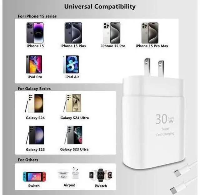 Alt view image 7 of 7 - iPhone 15 Pro Max Charger 30W USB C iPhone 15 Charger Block Fast Charging with 10FT Long Type C Cord Cable for iPhone 15/15 Pro/15 Pro Max/15 Plus, iPad Pro/Mini/Air, Samsung S24/S23/ Ultra-3 Pack
