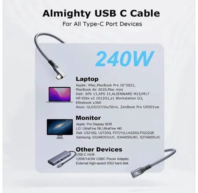 Alt view image 3 of 7 - Aomoproing 240W 20Gbps USB C 3.2 Gen 2x2 Cable and Extension Cable, 4K@60Hz Video Cable, Type C Cable for MacBook Pro, Dell, Arzopa, Galaxy, USB C for Portable Monitor