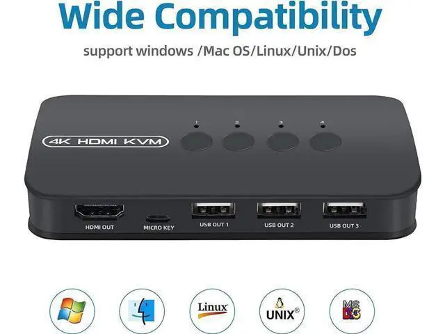 Alt view image 3 of 6 - Vszerda 4 Ports HDMI KVM Switch, HDMI USB Selector for 4 Computers Share Keyboard Mouse Printer and One HD 4K@30Hz Monitor, Including 4 KVM Cables