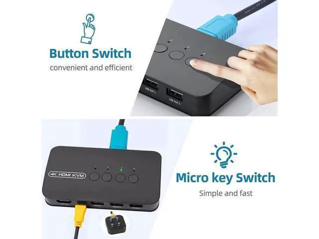 Alt view image 5 of 6 - Vszerda 4 Ports HDMI KVM Switch, HDMI USB Selector for 4 Computers Share Keyboard Mouse Printer and One HD 4K@30Hz Monitor, Including 4 KVM Cables