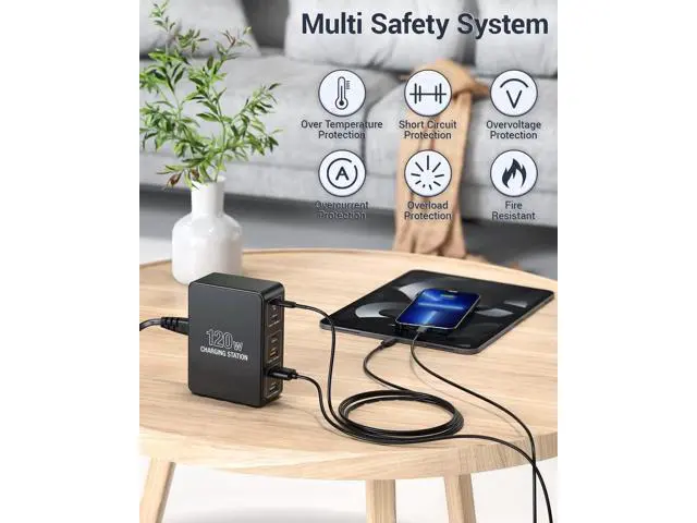 Alt view image 5 of 7 - 120W USB C Charging Station, Multiport USB Charging Station, Multi USB Charger Station, 6 Ports USB Charging Station for Multiple Devices, USB Charging Hub Compatible with MacBook, Laptop, Smartphones