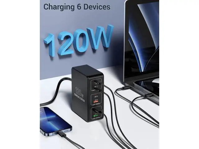 Alt view image 4 of 7 - 120W USB C Charging Station, Multiport USB Charging Station, Multi USB Charger Station, 6 Ports USB Charging Station for Multiple Devices, USB Charging Hub Compatible with MacBook, Laptop, Smartphones