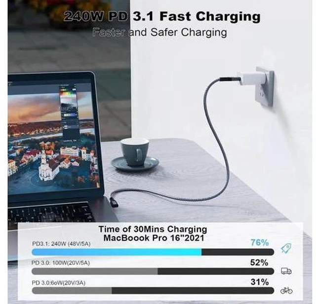 Alt view image 6 of 14 - Aomoproing 2 x USB C 3.2 Gen2 20Gbps, Type C 4K@60Hz UHD Video 5A/240W PD3.1 Fast Charge Cord with E-Marker Compatible with Thunderbolt 3/4 for MacBook Pro (USB3.2 20G 240W 1M 2PCS)