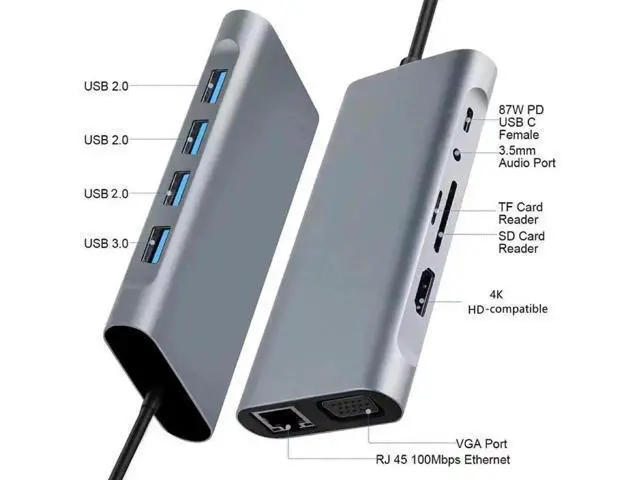 Alt view image 2 of 7 - USB Hub 11 in 1 Type-c Splitter to USB Adapter VGA Card Reader Multiple Ports Dock Station USB
