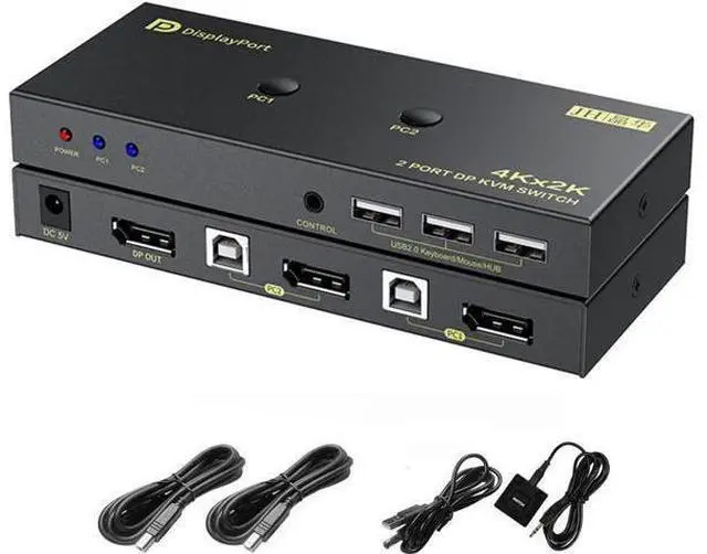 Main image of 2 Port DisplayPort KVM Switch with USB 2.0 Ports, DP 1.2 4K @60Hz Display Port KVM Switcher Box for 2 Computers Sharing 1 Monitor Keyboard Mouse Peripherals Selector Box with USB Cables