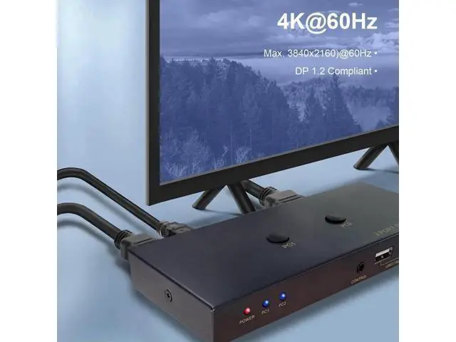 Alt view image 3 of 7 - 2 Port DisplayPort KVM Switch with USB 2.0 Ports, DP 1.2 4K @60Hz Display Port KVM Switcher Box for 2 Computers Sharing 1 Monitor Keyboard Mouse Peripherals Selector Box with USB Cables