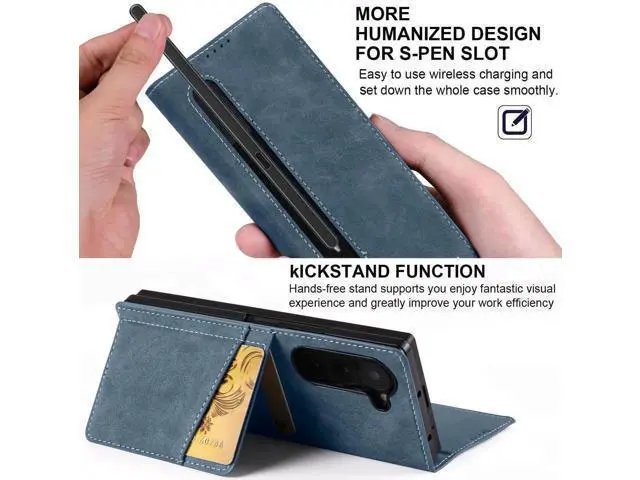Alt view image 2 of 6 - Case for Samsung Galaxy Z Fold 6, Premium PU Leather Phone Cover with Card Holder, S Pen Holder, Stand, Shockproof Flip Wallet Cover Blue