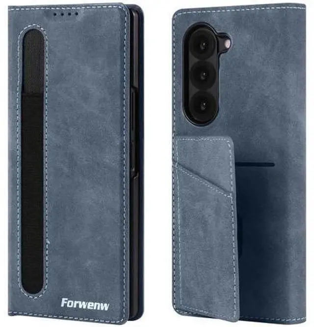 Main image of Case for Samsung Galaxy Z Fold 6, Premium PU Leather Phone Cover with Card Holder, S Pen Holder, Stand, Shockproof Flip Wallet Cover Blue