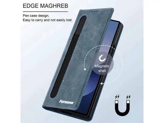 Alt view image 6 of 6 - Case for Samsung Galaxy Z Fold 6, Premium PU Leather Phone Cover with Card Holder, S Pen Holder, Stand, Shockproof Flip Wallet Cover Blue