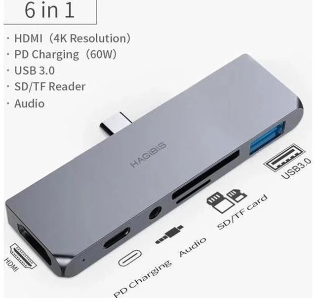 Main image of USB C HUB TYPE-C to HDMI-compatible Adapter 3.5mm Audio PD Charging USB 3.0 Port Converter for iPad Pro Macbook Laptop 6 Ports
