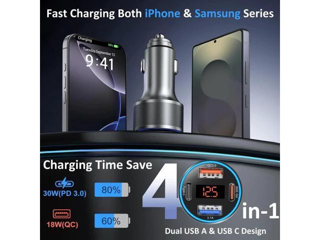 Alt view image 5 of 14 - AomoproingCar Charger USB C, 65W Dual 12V Cigarette Lighter USB Car Adapter with Voltage Display Multi Port PD/QC 3.0 Super Fast Charging Car Phone Charger for iPhone 16 15 14 13 12 Pro,Tablet,Android