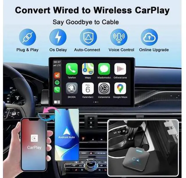 Alt view image 4 of 14 - Aomoproing Android Auto & CarPlay Wireless Adapter - 2 in 1 Wireless for iPhone & Android, Plug & Play for Factory Wired Cars - Supports iOS 10+