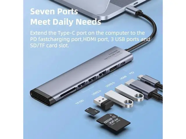 Alt view image 2 of 7 - USB C Hub Type C to HDMI-compatible Multi USB 3.0 2.0 Adapter PD Dock SD/Micro SD Card Reader for Macbook iPad Pro XPS