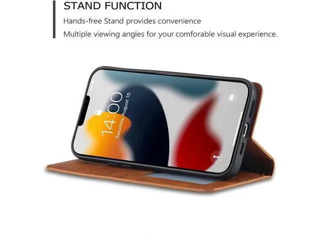 Alt view image 4 of 7 - for iPhone 16e Case, Premium PU Leather Cover TPU Bumper with Card Holder Kickstand Hidden Magnetic Adsorption Shockproof Flip Wallet Cover Brown