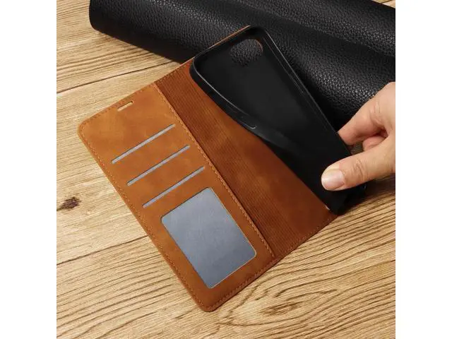 Alt view image 6 of 7 - for iPhone 16e Case, Premium PU Leather Cover TPU Bumper with Card Holder Kickstand Hidden Magnetic Adsorption Shockproof Flip Wallet Cover Brown