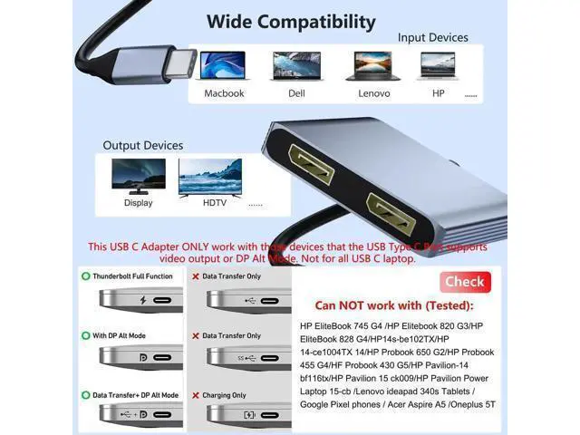 Alt view image 3 of 7 - AOMOPROING DisplayPort Splitter for Dual Monitors, 4K@60Hz USB-C to DisplayPort Adapter, Type-C Docking Station for HP/Mac, Display Port MST Hub with USB3.0/PD, Display Port Splitter for Dual Monitors